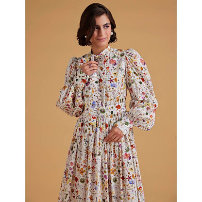 Medha Batra Standard Tie Collar Calf Length Dress Placket Till Waist, Puff Balloon Sleeves