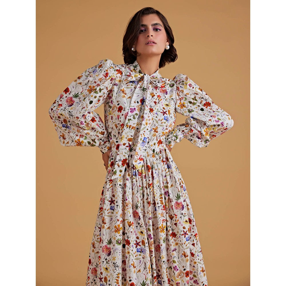 Medha Batra Standard Tie Collar Calf Length Dress Placket Till Waist, Puff Balloon Sleeves