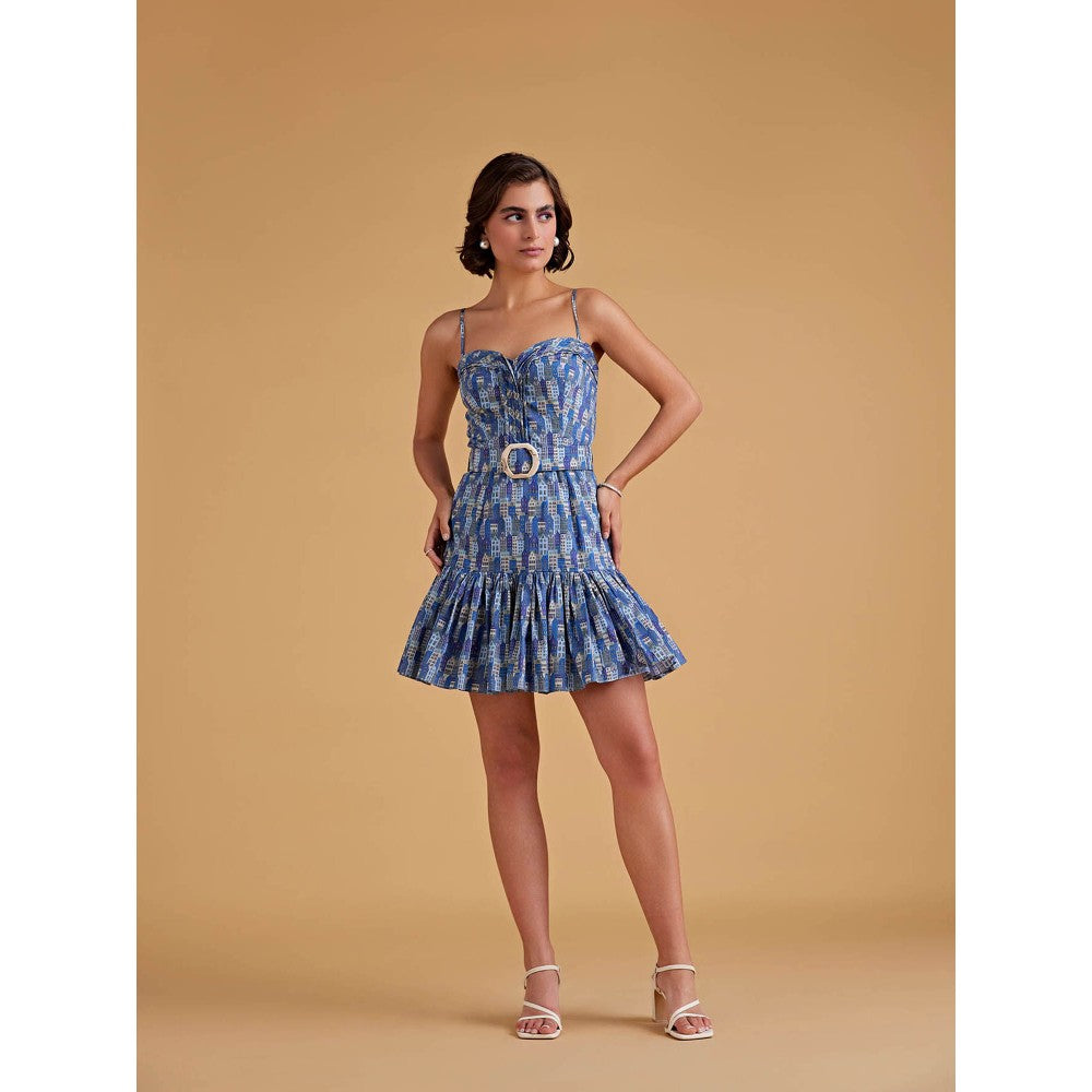 Medha Batra Mini Spaghetti Dress With Frill In Bottom & Belt (Set of 2)