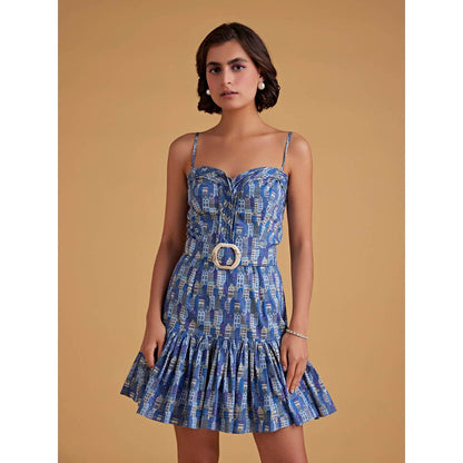 Medha Batra Mini Spaghetti Dress With Frill In Bottom & Belt (Set of 2)