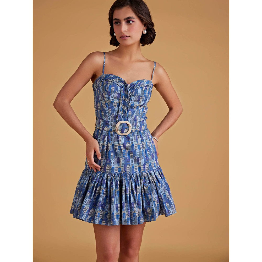 Medha Batra Mini Spaghetti Dress With Frill In Bottom & Belt (Set of 2)