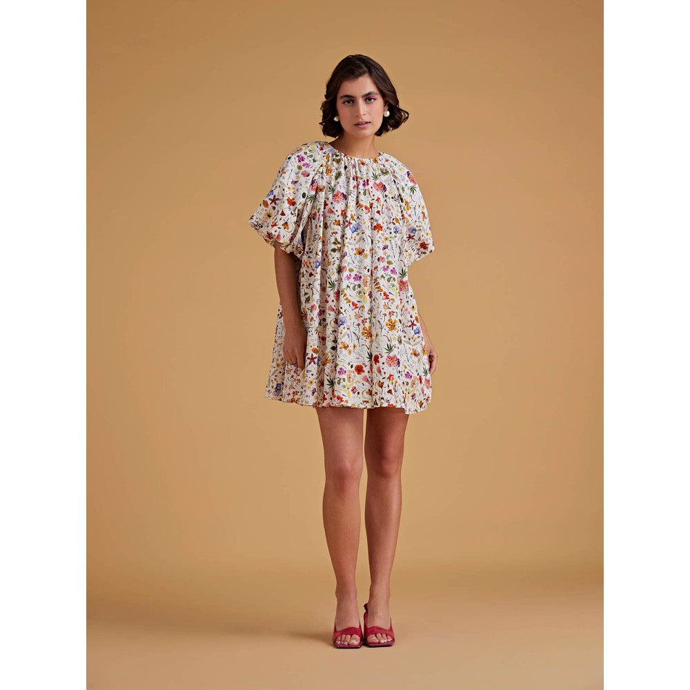 Medha Batra Raglan Balloon Sleeves Multi Floral Gathered Short Dress