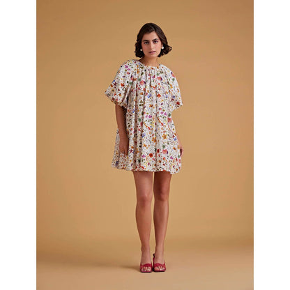Medha Batra Raglan Balloon Sleeves Multi Floral Gathered Short Dress