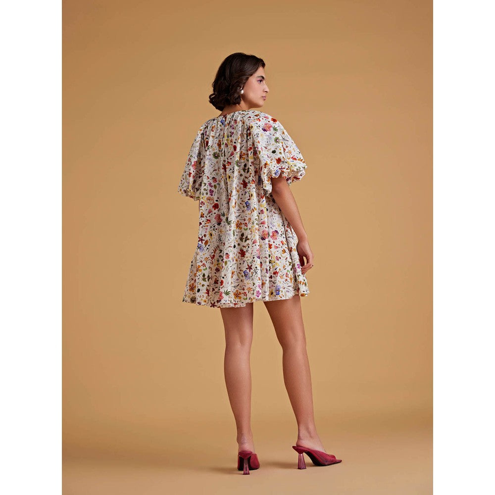 Medha Batra Raglan Balloon Sleeves Multi Floral Gathered Short Dress