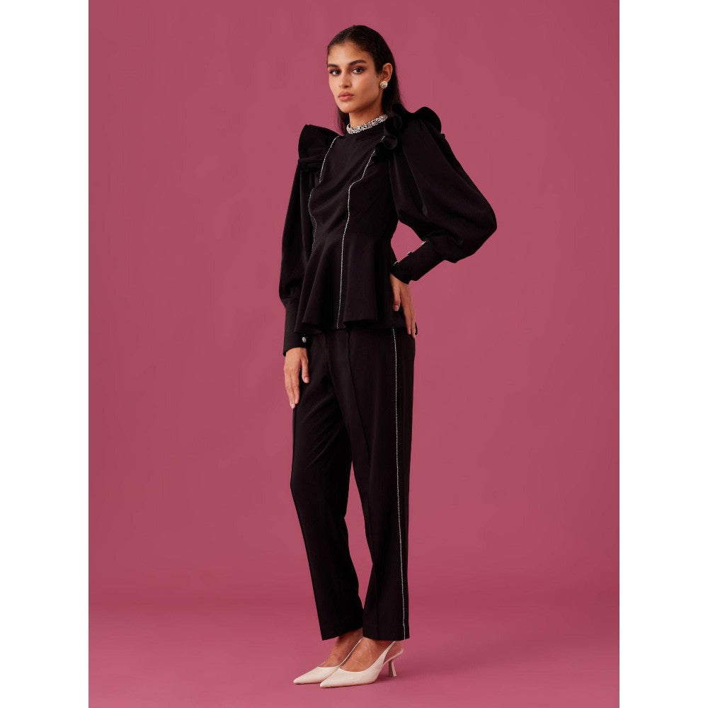 Medha Batra Black Ruffle Embroidered Top With Straight Fit Embellished Pant (Set of 2)