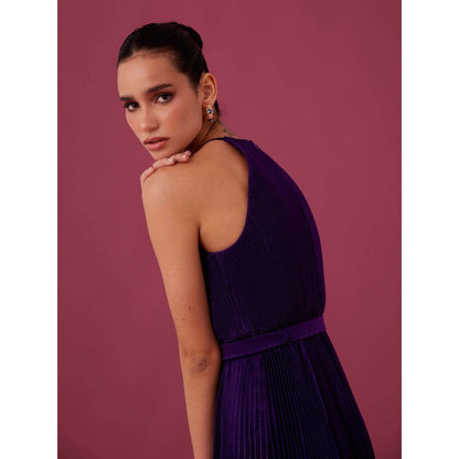 Medha Batra Phantom Purple Pleated Midi Dress (Set of 2)