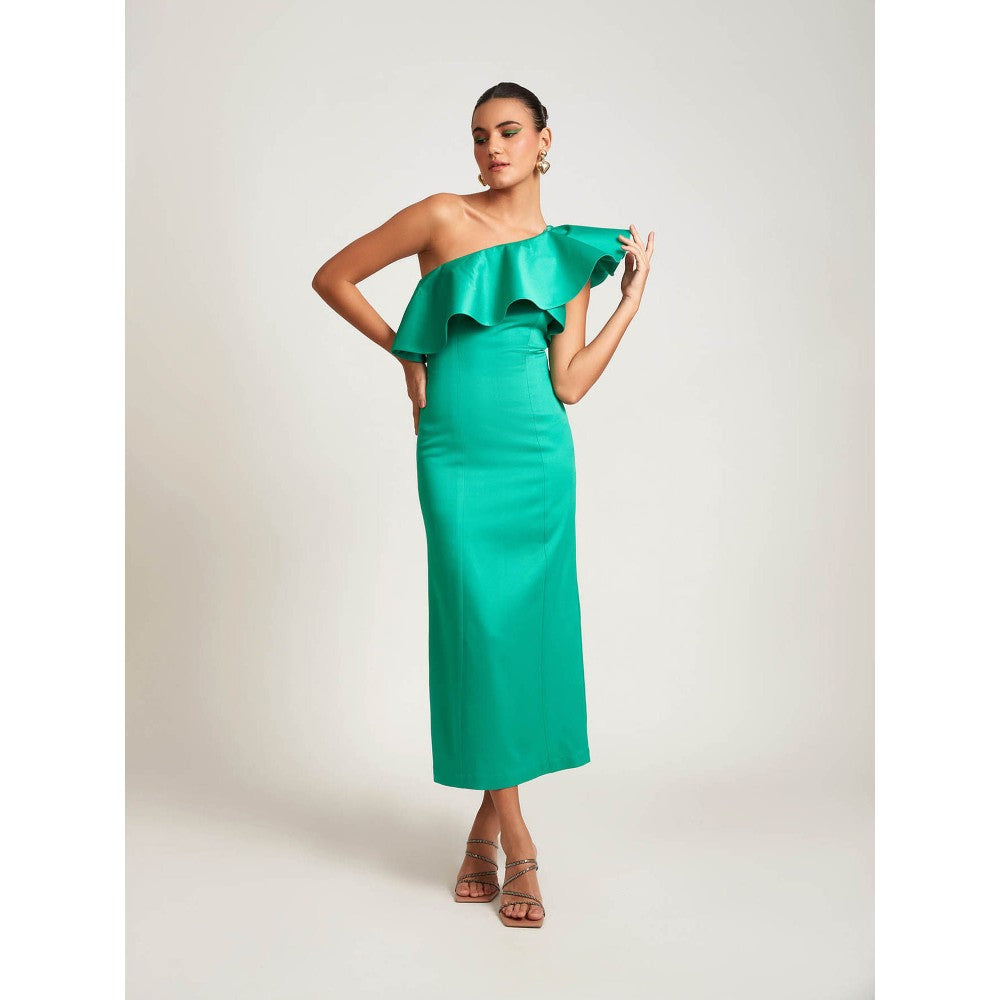 Medha Batra Green One Shoulder Side Slit Maxi Dress