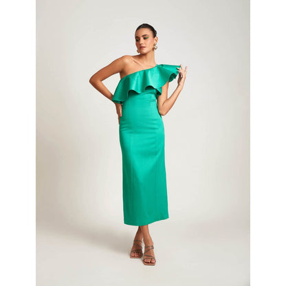 Medha Batra Green One Shoulder Side Slit Maxi Dress