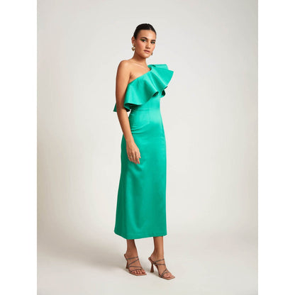 Medha Batra Green One Shoulder Side Slit Maxi Dress