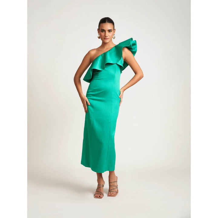 Medha Batra Green One Shoulder Side Slit Maxi Dress