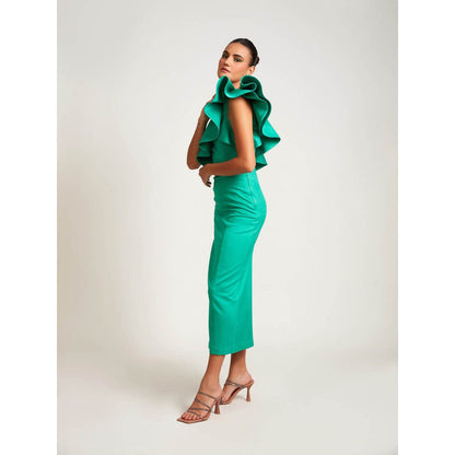 Medha Batra Green One Shoulder Side Slit Maxi Dress