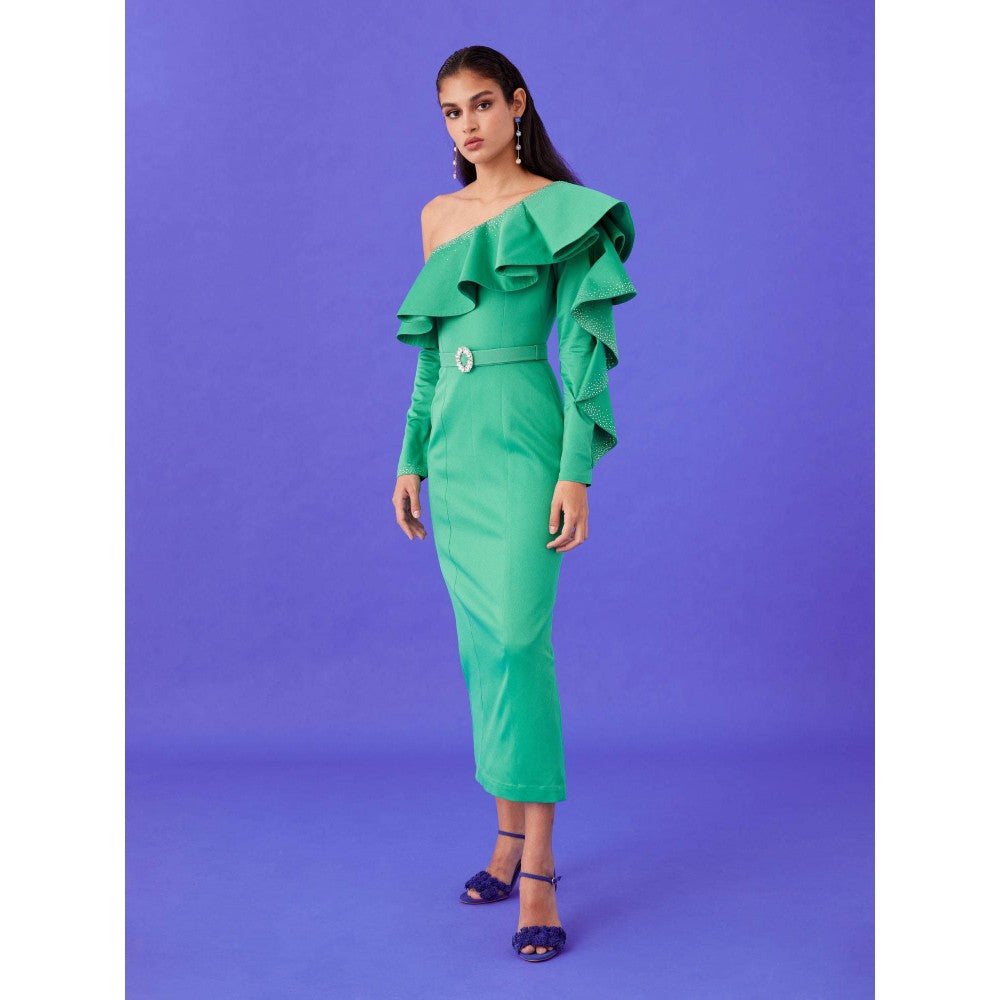 Medha Batra Green One Shoulder Side Slit Maxi Dress