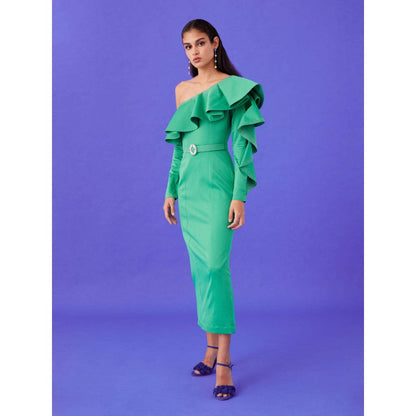 Medha Batra Green One Shoulder Side Slit Maxi Dress