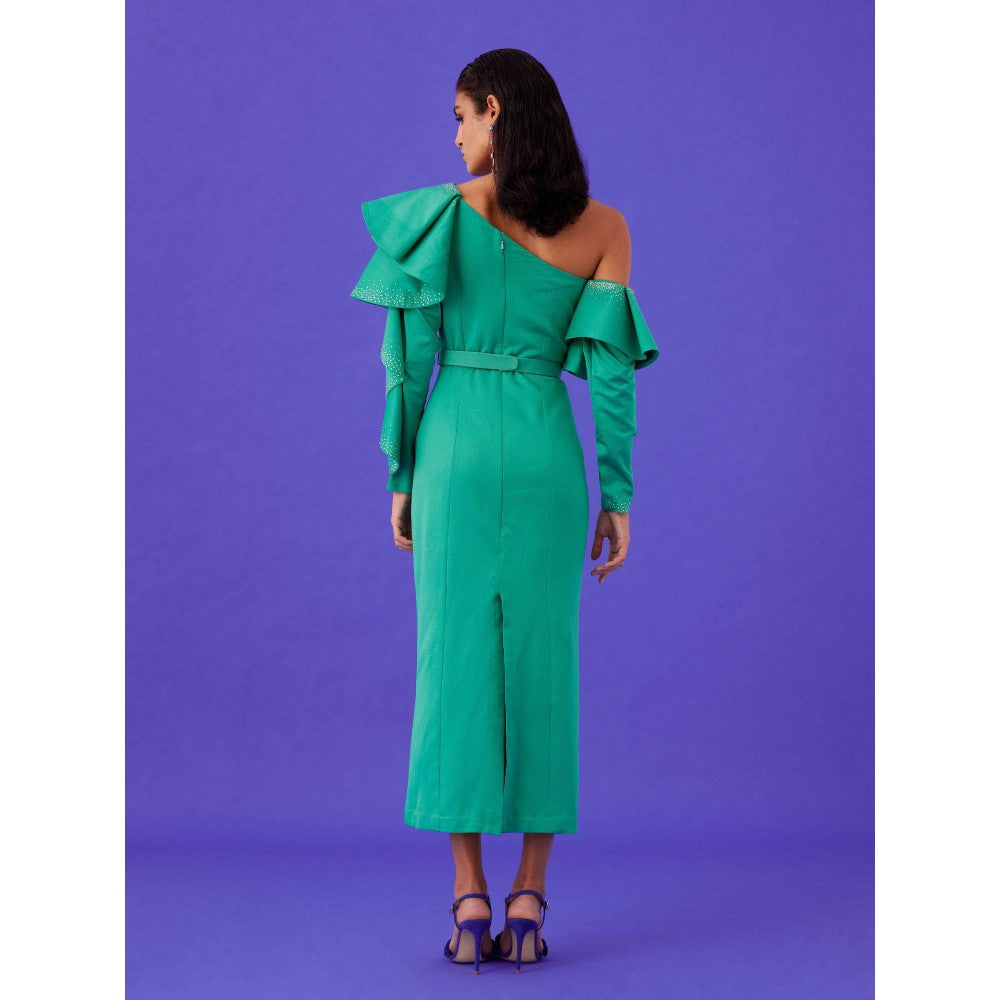 Medha Batra Green One Shoulder Side Slit Maxi Dress
