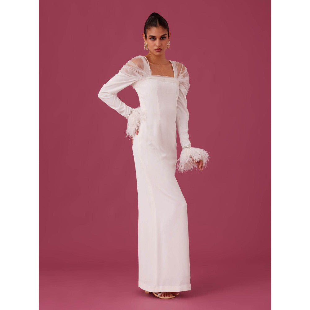 Medha Batra White Body Con Embellished Crepe Maxi Dress
