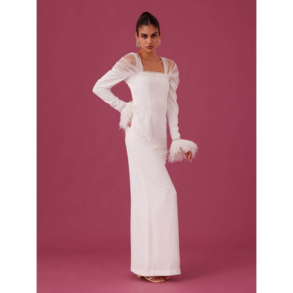 Medha Batra White Body Con Embellished Crepe Maxi Dress