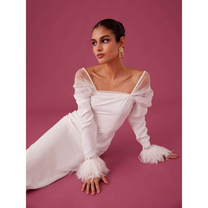 Medha Batra White Body Con Embellished Crepe Maxi Dress