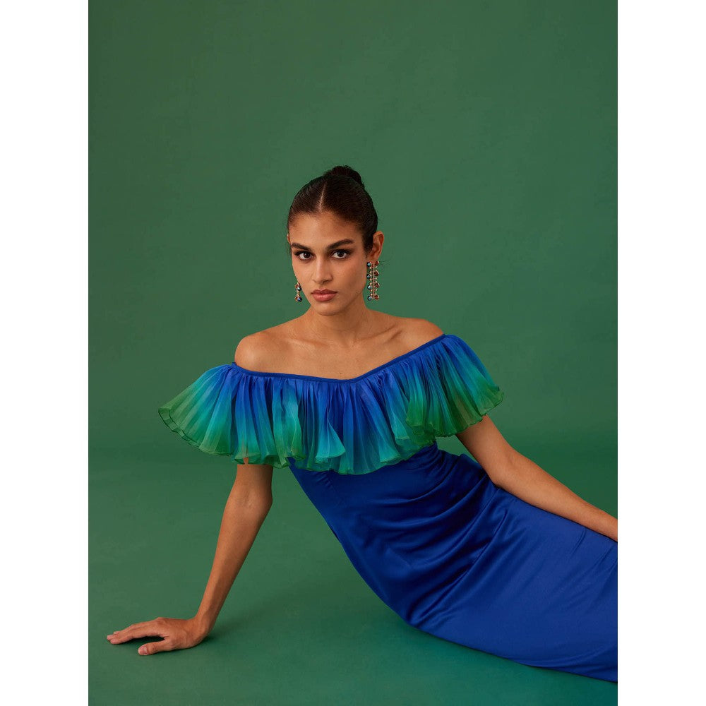 Medha Batra Blue Body Con Ombre Off Shoulder Ruffled Sleeves Maxi Dress