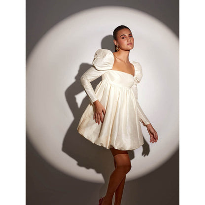 Medha Batra Ivory Raw Silk Mini Dress With Puff Sleeves