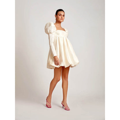 Medha Batra Ivory Raw Silk Mini Dress With Puff Sleeves