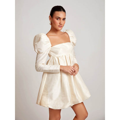 Medha Batra Ivory Raw Silk Mini Dress With Puff Sleeves