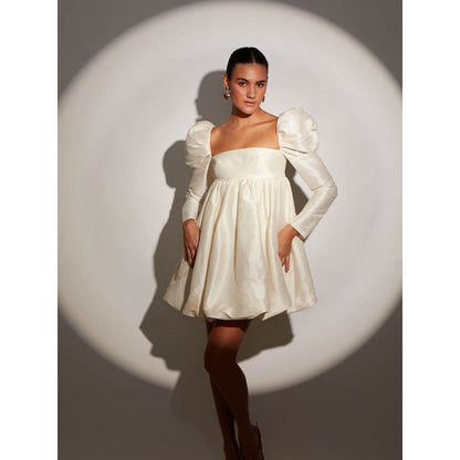 Medha Batra Ivory Raw Silk Mini Dress With Puff Sleeves