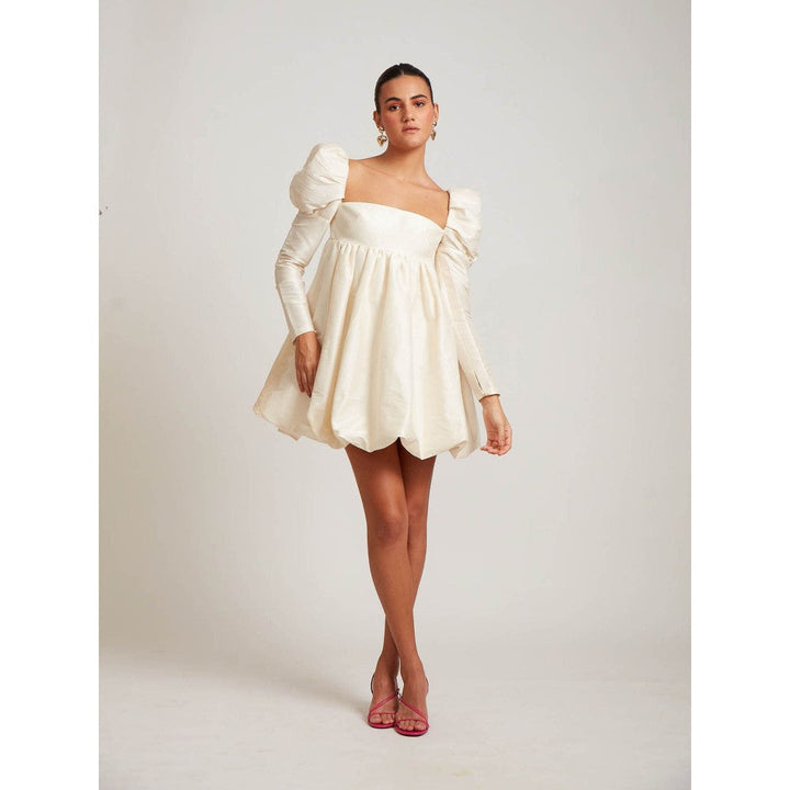 Medha Batra Ivory Raw Silk Mini Dress With Puff Sleeves