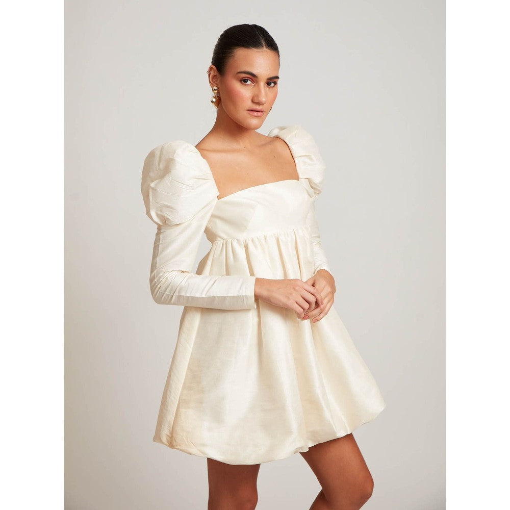 Medha Batra Ivory Raw Silk Mini Dress With Puff Sleeves