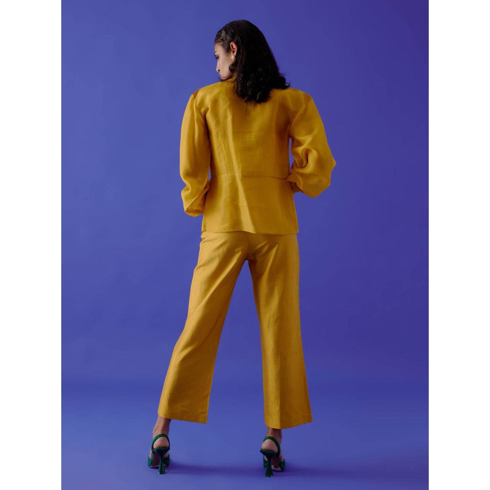 Medha Batra Yellow Sheer Shirt With Pant & Bustier (Set of 2)