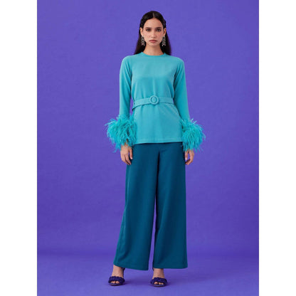 Medha Batra Green Solid Top With Embellished Sleeves & Pant & Belt (Set of 3)