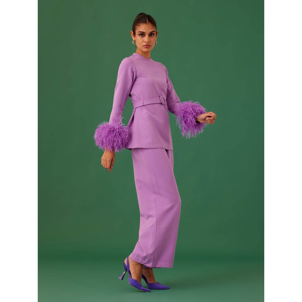 Medha Batra Lavender Solid Top With Embellished Sleeves & Pant & Belt (Set of 3)