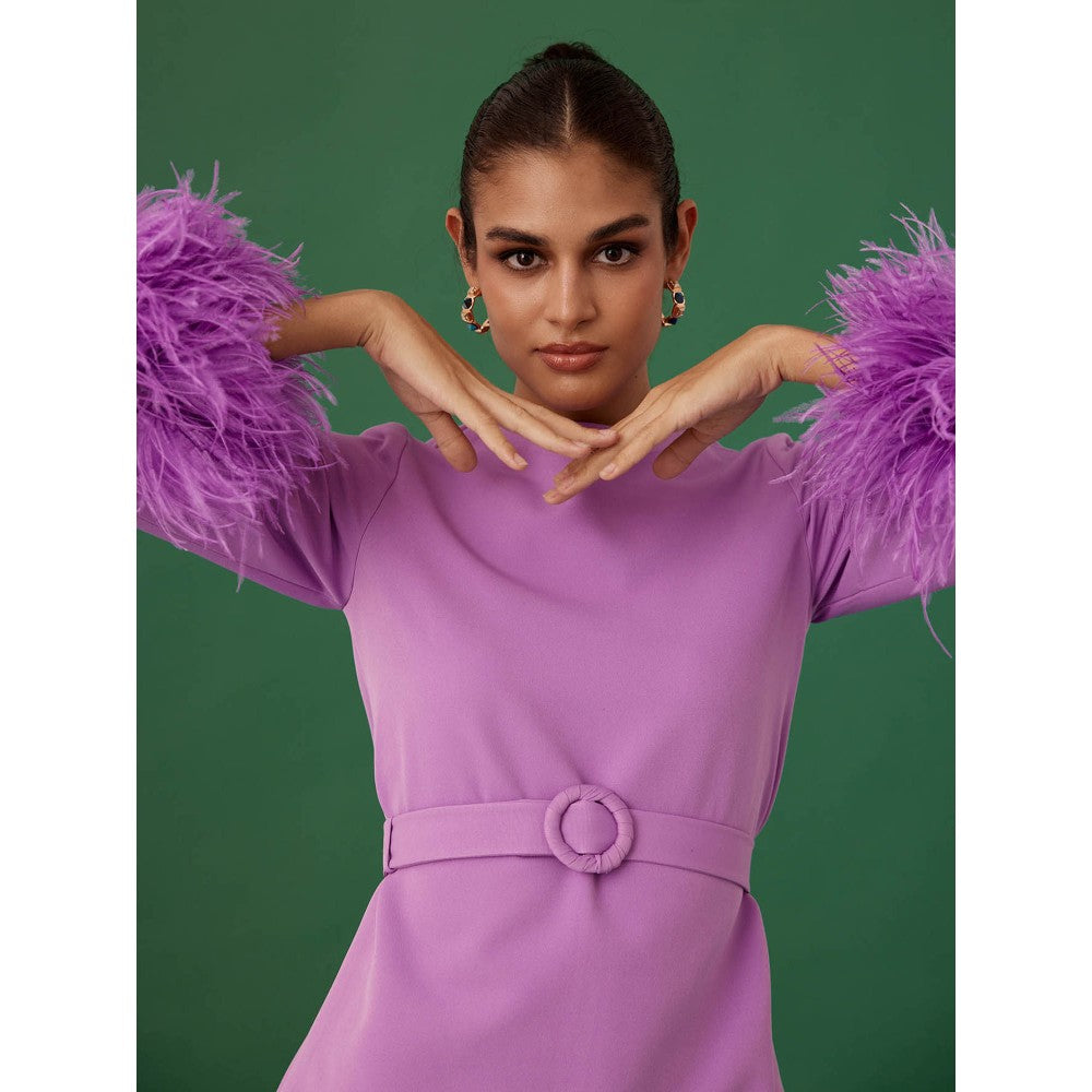 Medha Batra Lavender Solid Top With Embellished Sleeves & Pant & Belt (Set of 3)