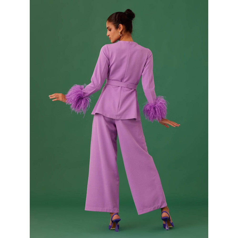 Medha Batra Lavender Solid Top With Embellished Sleeves & Pant & Belt (Set of 3)
