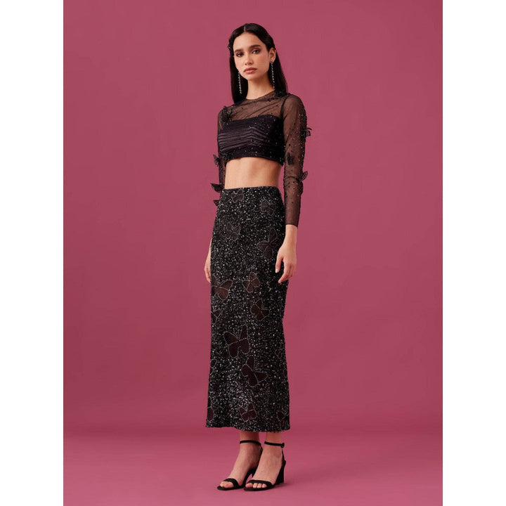 Medha Batra Black Net Embroidered Butterfly Crop Top With Skirt (Set of 2)