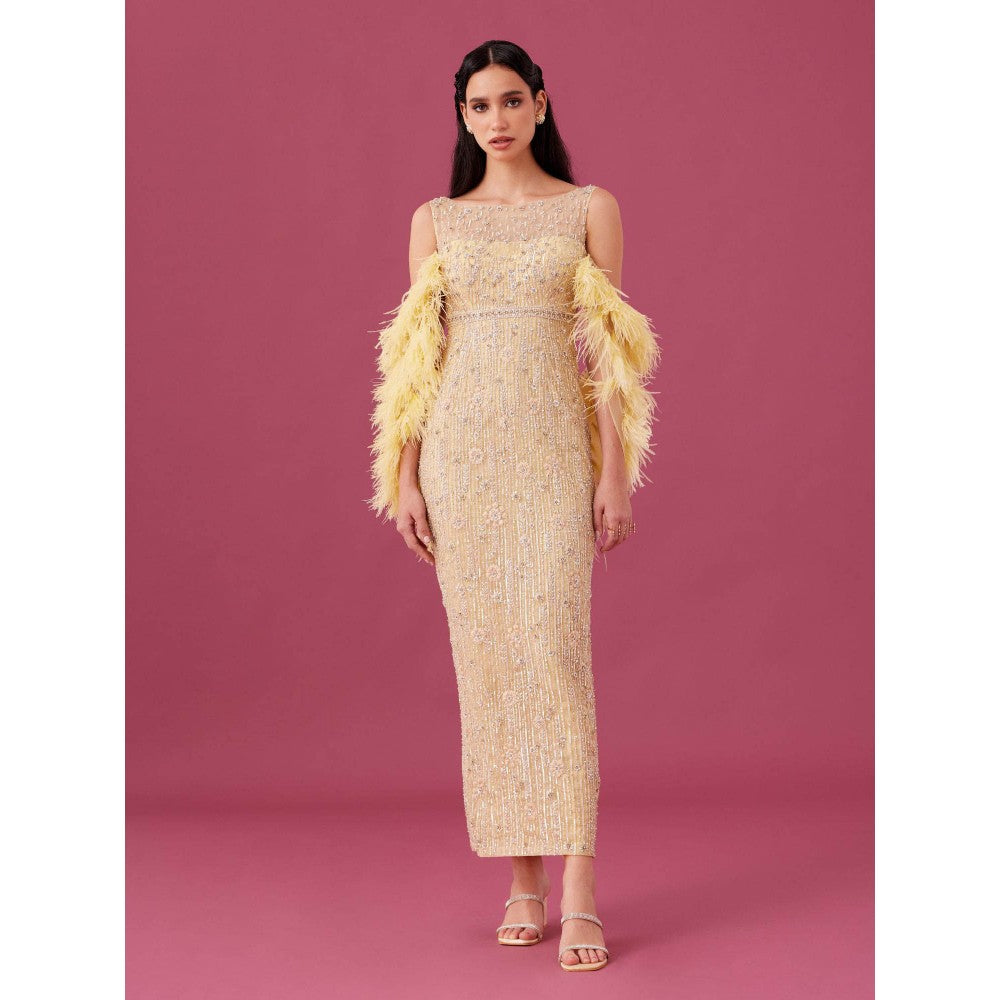 Medha Batra Yellow Embellished Gown With Cape (Set of 2)