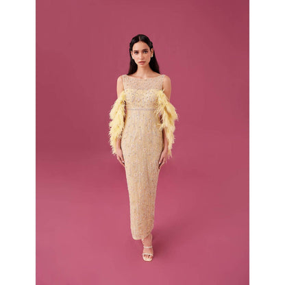 Medha Batra Yellow Embellished Gown With Cape (Set of 2)