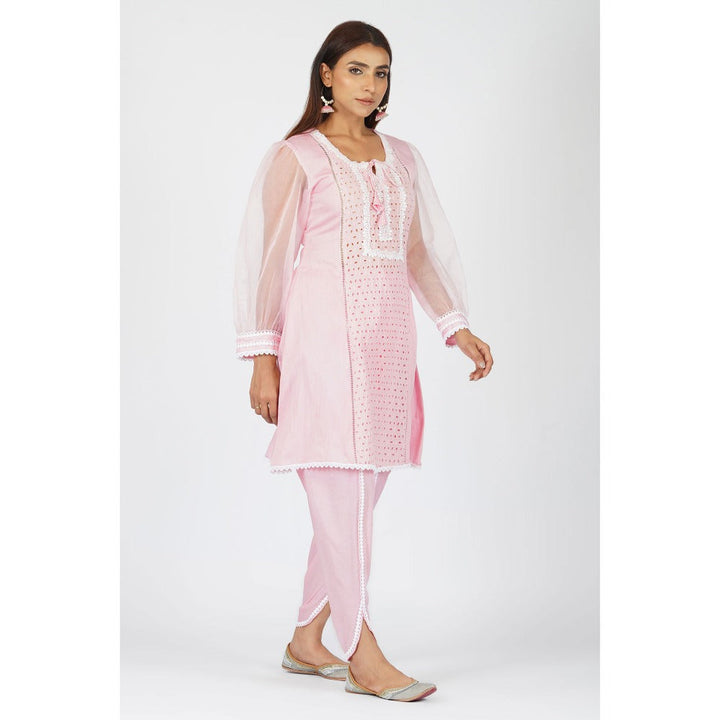 Mehbel Pink Chikan Panelled Short Lace Dhoti With Dhoti Pants (Set Of 2)