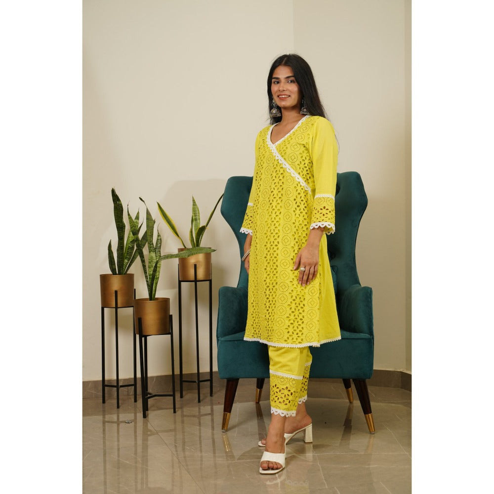 Mehbel Lime Green Angrakha Suit With Chikan Pants (Set Of 2)