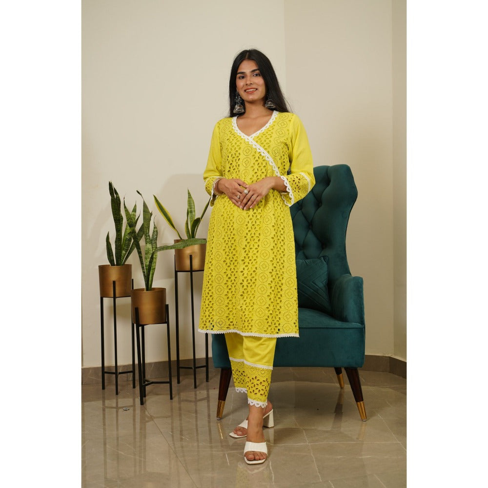 Mehbel Lime Green Angrakha Suit With Chikan Pants (Set Of 2)