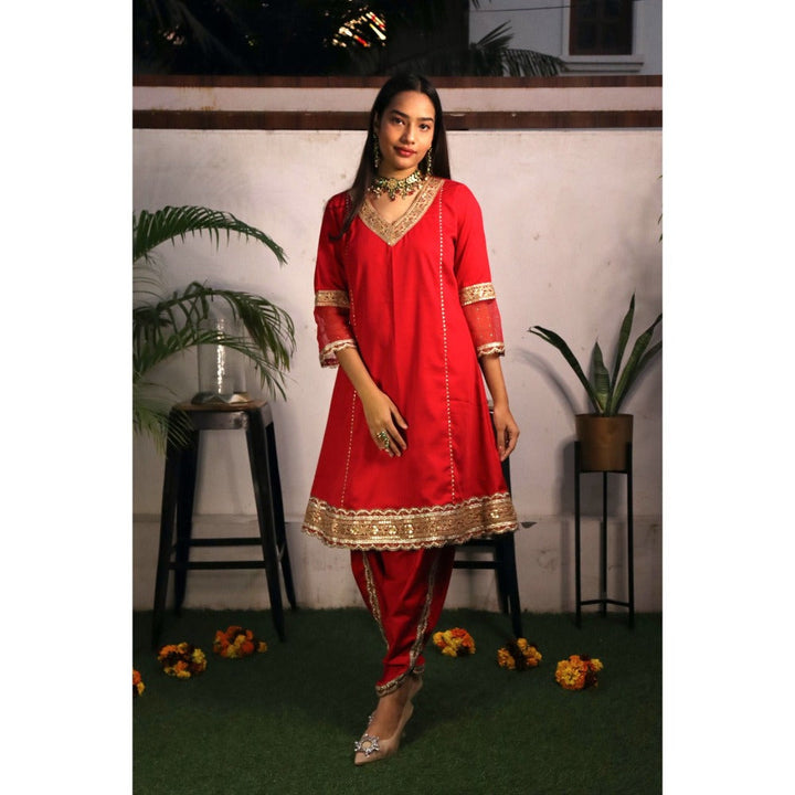 Mehbel Red Princess Cut Suit With Lace Dhoti Pants (Set Of 2)