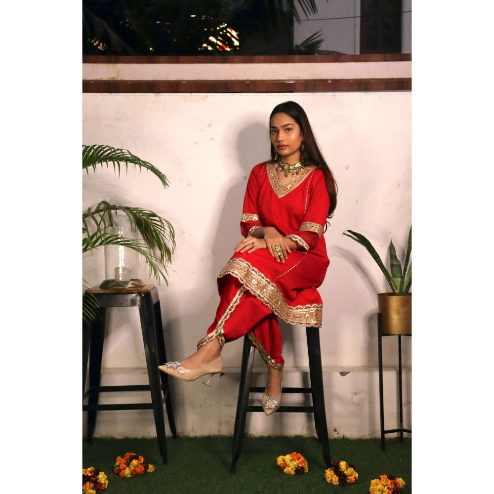 Mehbel Red Princess Cut Suit With Lace Dhoti Pants (Set Of 2)