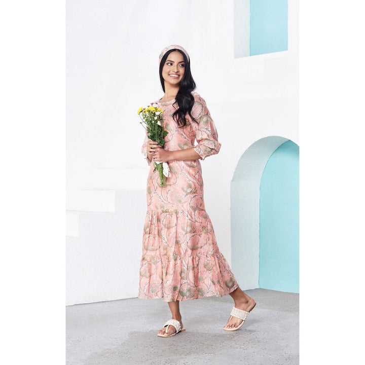 Miar Designs Diwa Peach Floral Printed Midi Dress