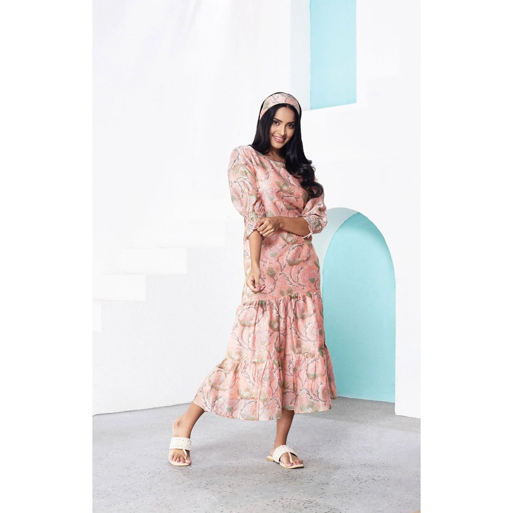 Miar Designs Diwa Peach Floral Printed Midi Dress