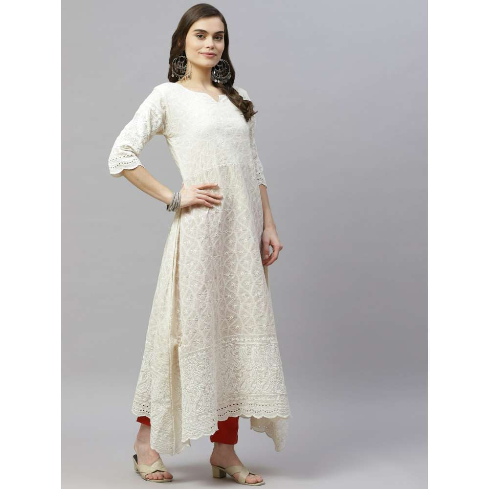 Miravan White Lucknowi Chikankari With Embroidery Cotton Kurta Gown With Dupatta (Set of 2)