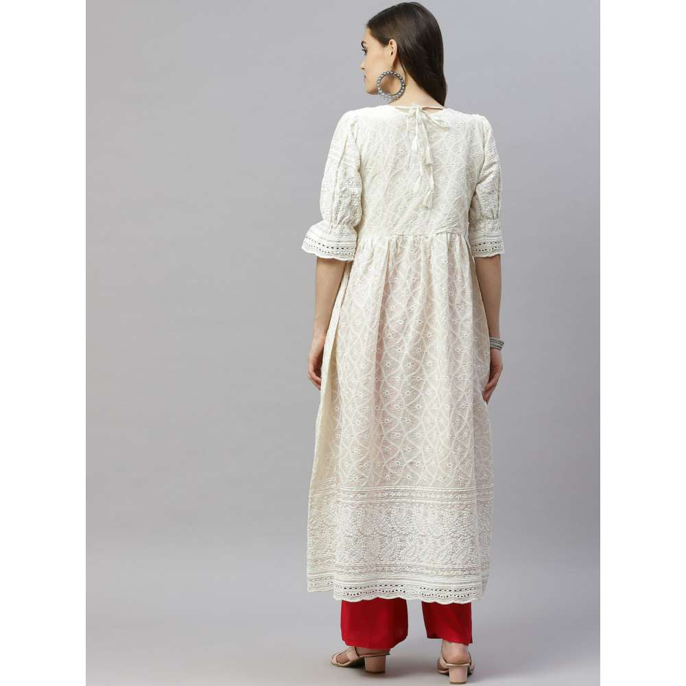 Miravan White Chikan Cotton Anarkali Embroidery Kurta Dress