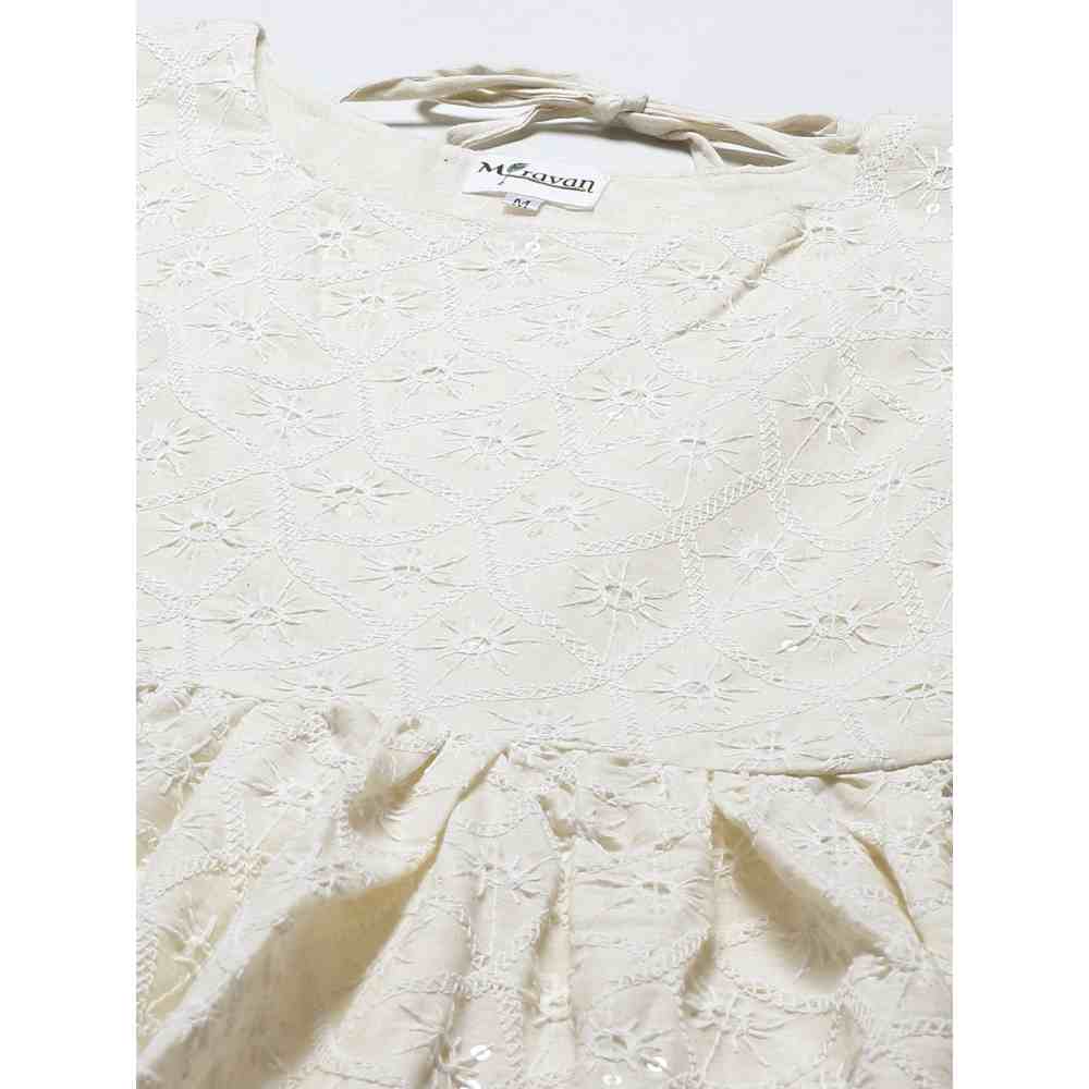 Miravan White Chikan Cotton Anarkali Embroidery Kurta Dress