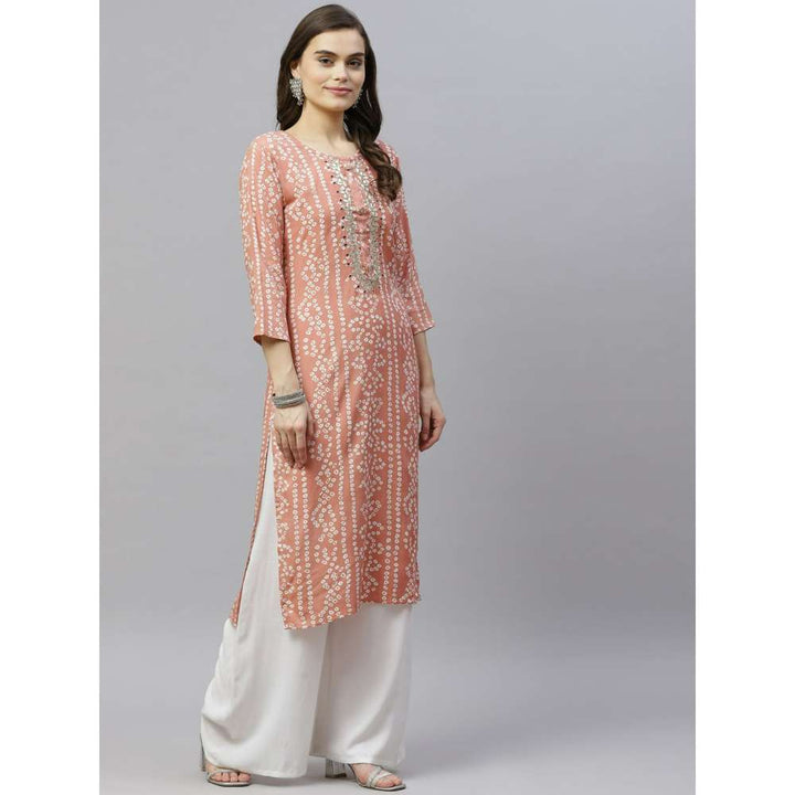 Miravan Women's Printed & Embroidered Straight Peach Kurta