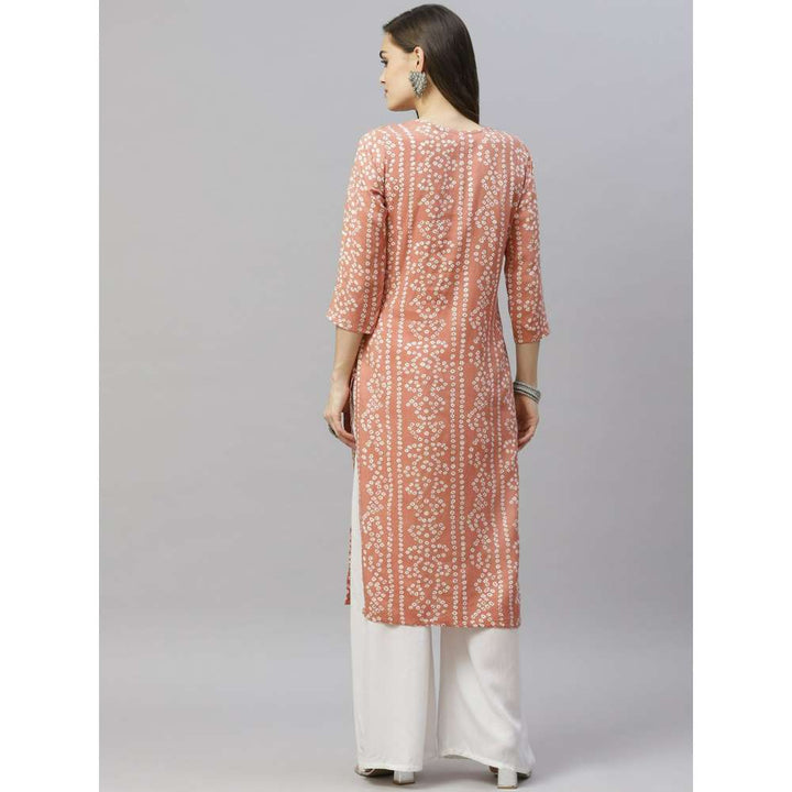 Miravan Women's Printed & Embroidered Straight Peach Kurta