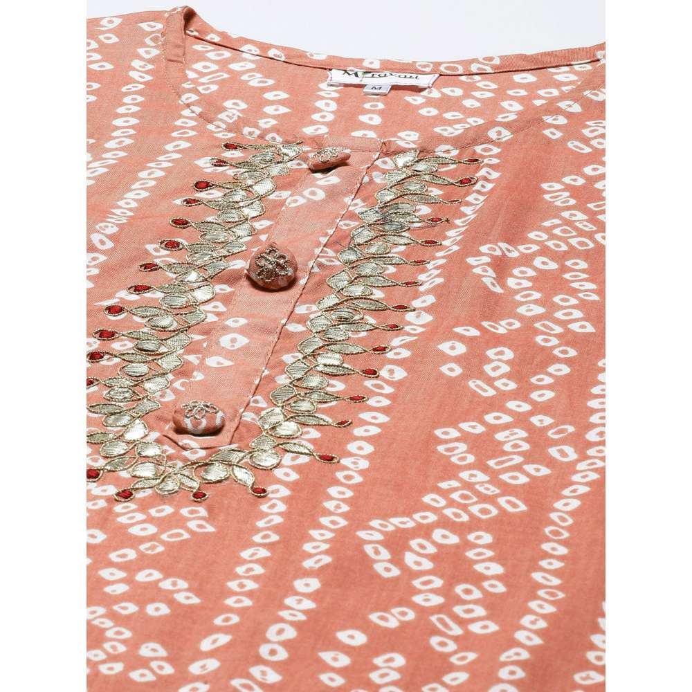 Miravan Women's Printed & Embroidered Straight Peach Kurta