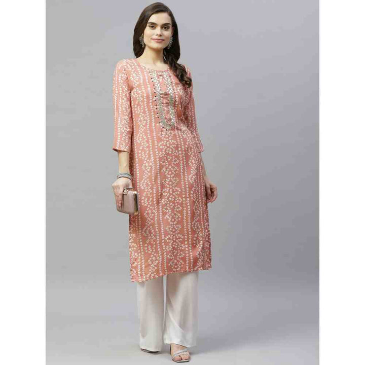 Miravan Women's Printed & Embroidered Straight Peach Kurta